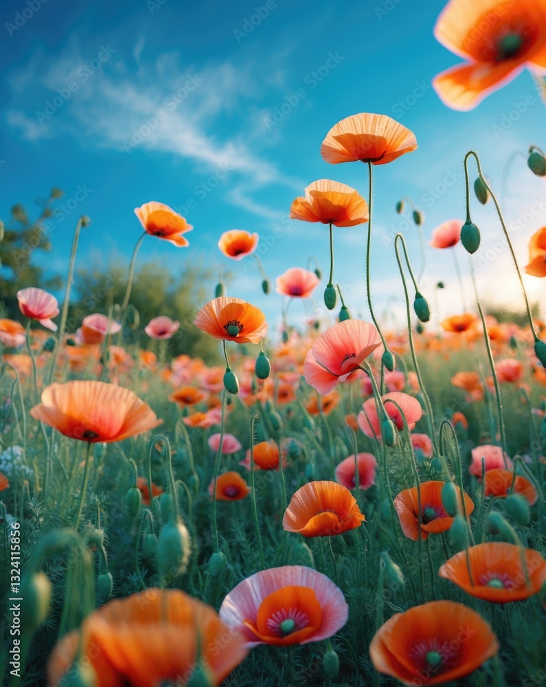 Obraz premium Poppy flowers in a garden during early spring on a warm sunny day, set against a vibrant blue sky. High-quality image.