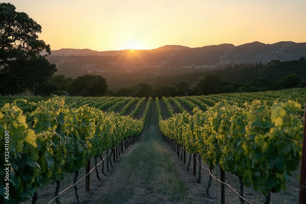 Fototapeta premium Vineyard rows bask in warm orange sunset over lush green vines in a serene landscape