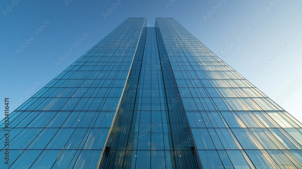 Fototapeta premium A modern glass skyscraper rises against a clear blue sky, showcasing its sleek design and reflective surfaces.