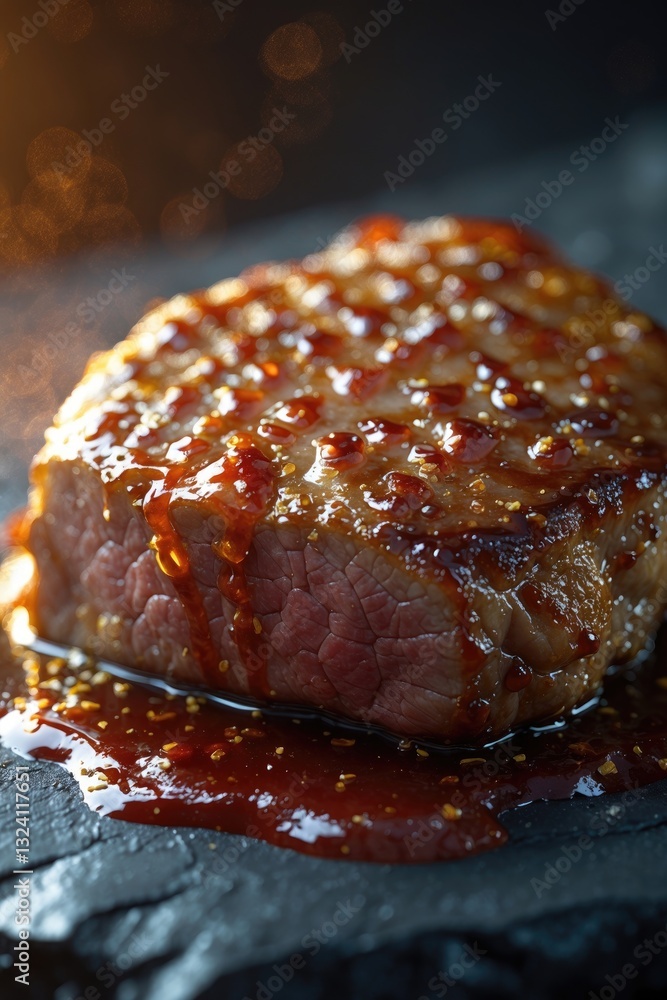 Pork steak with teriyaki sauce served on a black stone. Pork steak with teriyaki sauce served on a black stone.