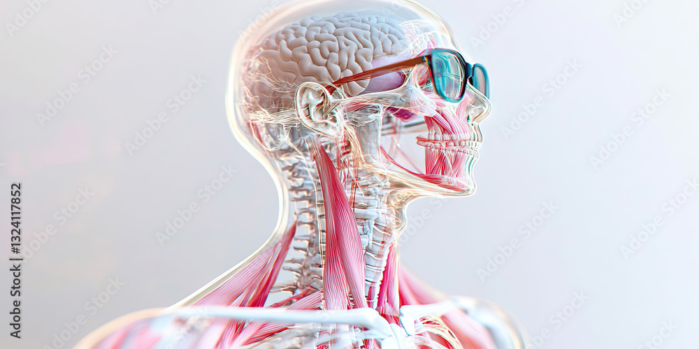 Obraz premium Three-Dimensional Rendering of Human Head and Neck Anatomy with Eyeglasses