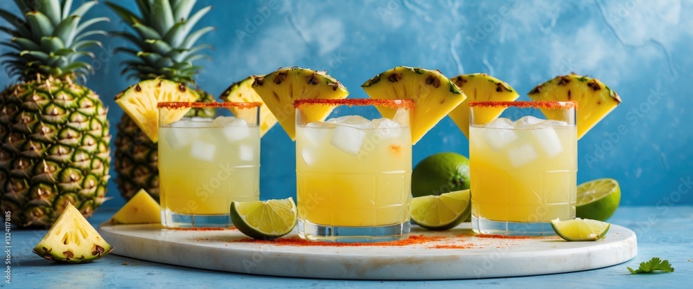 Pineapple margarita drink served in glasses with chili tajin rim and pineapple slice, a refreshing summer beverage.