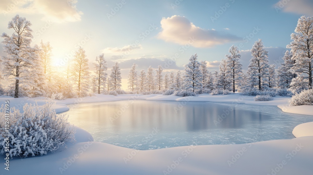 Fototapeta premium A serene winter landscape featuring a frozen pond surrounded by snow-covered trees and a beautiful sunrise illuminating the scene.