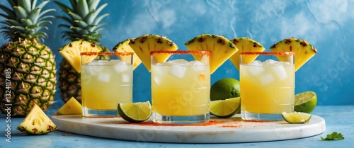 Obraz na płótnie Pineapple margarita drink served in glasses with chili tajin rim and pineapple slice, a refreshing summer beverage. w salonie