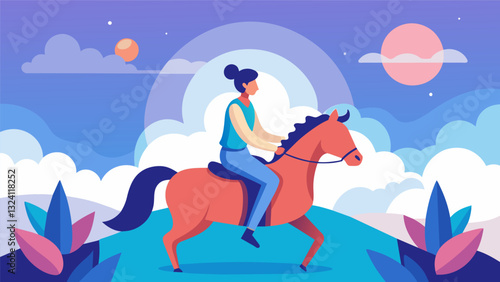 An individual with anxiety finds a sense of peace and mindfulness as they focus on the present moment while riding a horse.. Vector illustration