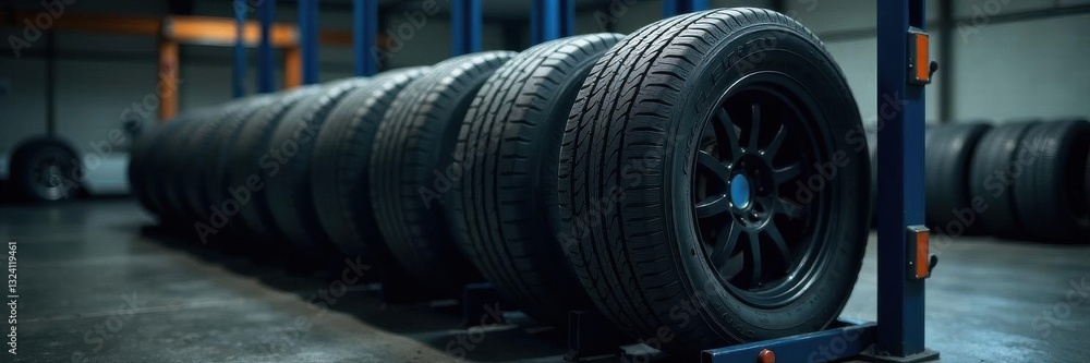 Close-up of a single tire on a tire rack, ready for use , clean, service Close-up of a single tire on a tire rack, ready for use , clean, service