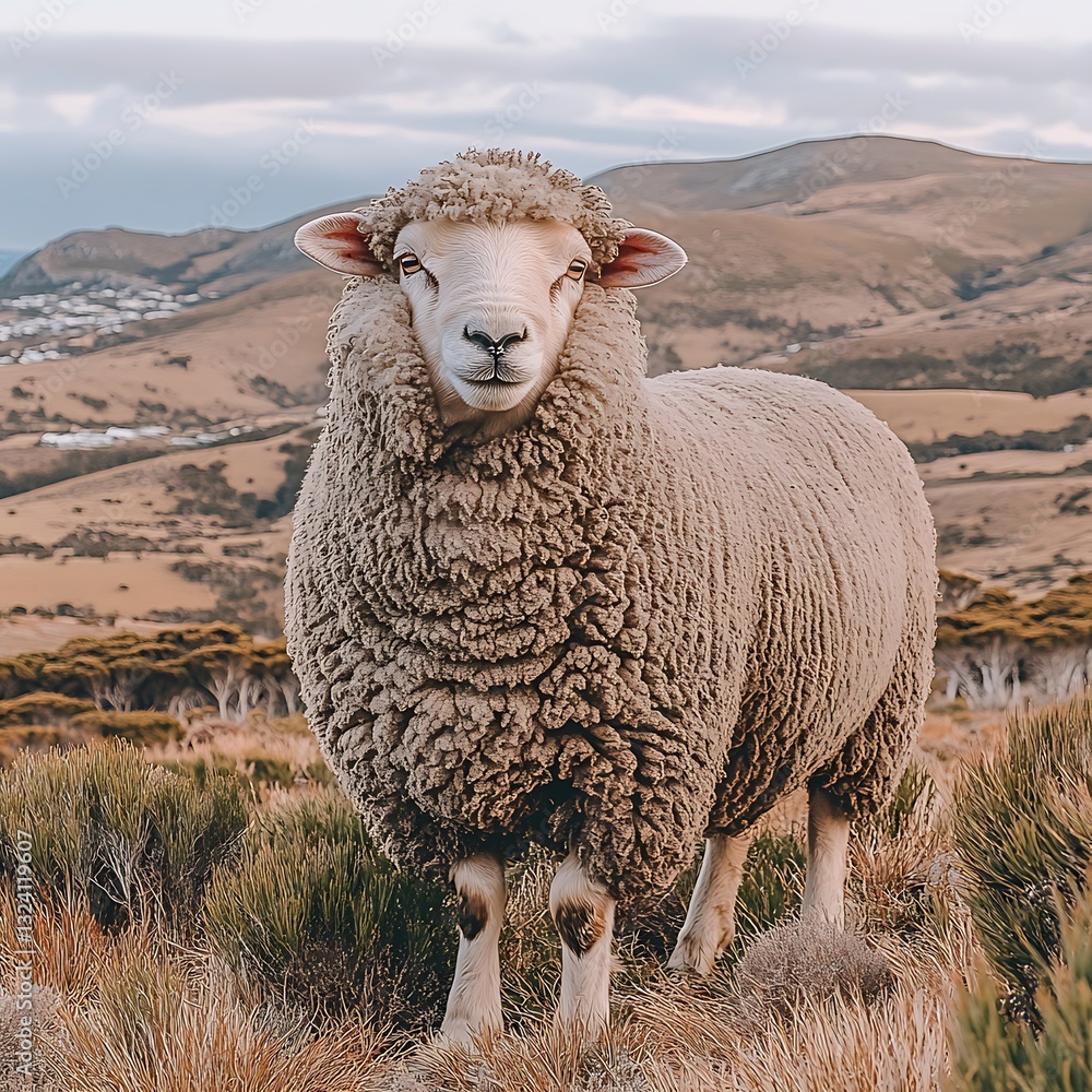 Obraz premium A fluffy sheep stands peacefully on a grassy hill looking forward