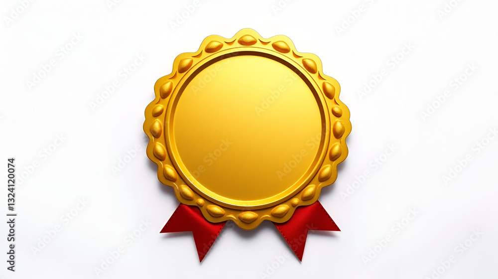 Golden award badge with a red ribbon is shining on a white background Golden award badge with a red ribbon is shining on a white background