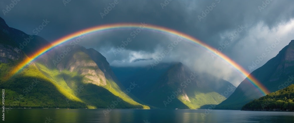 Rainbow arching over the fjord