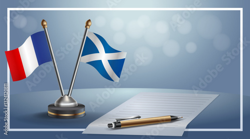 France and Scotland National flags on small table with bokeh background, cooperative relationship. Template vector Illustration