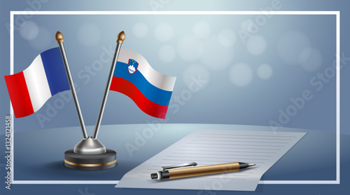 France and Slovenia National flags on small table with bokeh background, cooperative relationship. Template vector Illustration