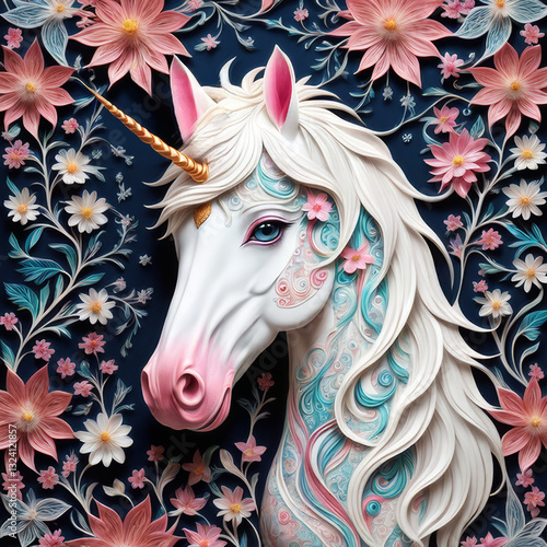 A stunningly detailed and vibrant portrait of a mystical unicorn, adorned with intricate, decorations and shimmering colors. 