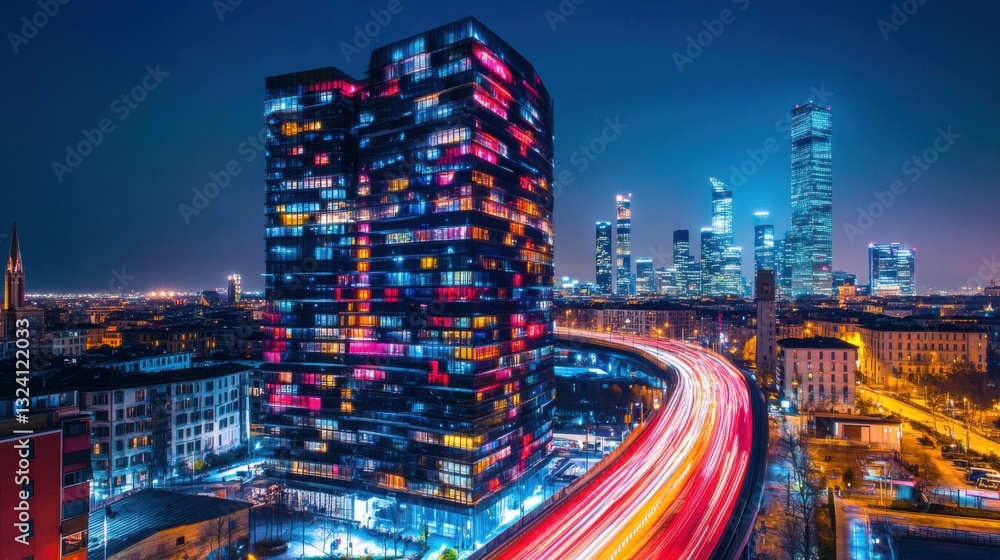 Obraz premium Vibrant City Nightscape with Illuminated Skyscraper.