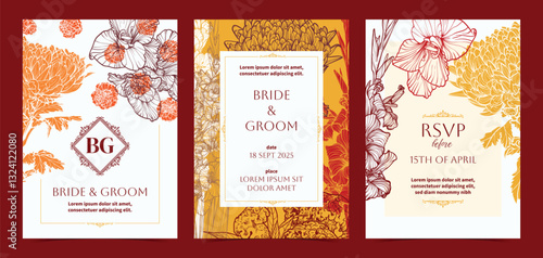Colorful pastel beautiful wedding invitations. Modern autumn A4 vector format design with highly detailed flowers for print and web. Hand drawn chrysanthemum, gladiolus, marigold illustrations