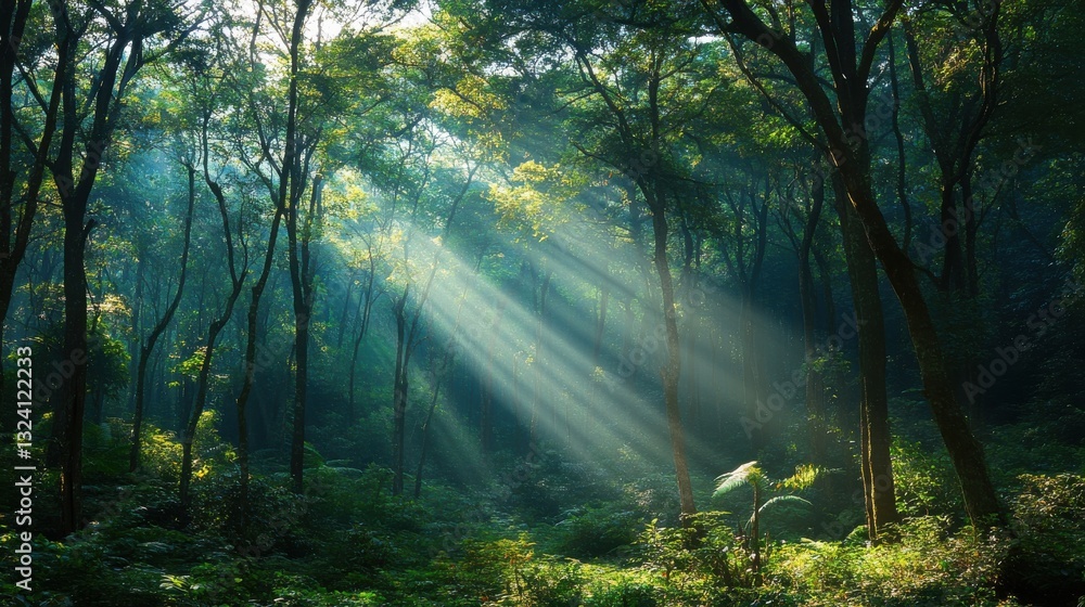 Obraz premium A serene forest scene with sunlight streaming through trees, creating a peaceful and magical atmosphere in the lush greenery.