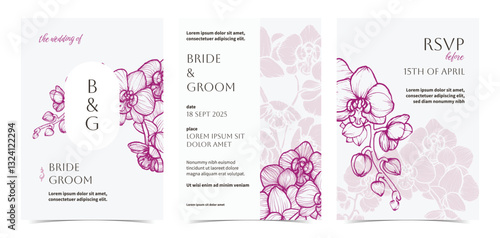 Colorful pastel beautiful wedding invitations. Modern and joyful A4 vector format design with highly detailed flowers for print and web. Hand drawn orchid illustrations