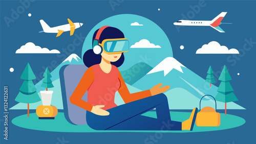 During a long flight a traveler puts on their VR headset and escapes to a virtual spa indulging in a massage while surrounded by soothing sights and sounds.. Vector illustration