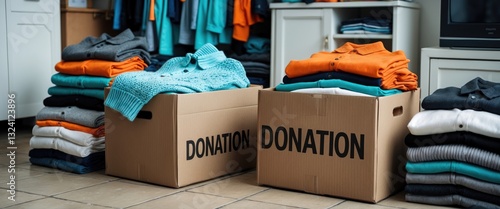 Piles of donated used clothes stored in cardboard boxes for victims of natural disasters, poverty, social assistance, and charity activities.