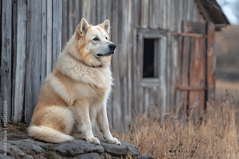 • A commanding Central Asian Shepherd Dog guarding a barn • A commanding Central Asian Shepherd Dog guarding a barn