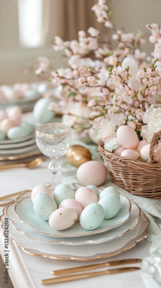 Elegant Easter Table Setting with Pastel Eggs and Floral Accents: A Celebration of Spring, Holiday, and Festive Food Design with Delicate Details and Romantic Style. Elegant Easter Table Setting with Pastel Eggs and Floral Accents: A Celebration of Spring, Holiday, and Festive Food Design with Delicate Details and Romantic Style.