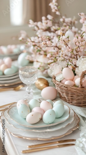 Elegant Easter Table Setting with Pastel Eggs and Floral Accents: A Celebration of Spring, Holiday, and Festive Food Design with Delicate Details and Romantic Style.
