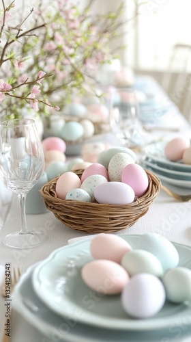 Elegant Easter Table Setting with Pastel Eggs and Floral Accents: A Festive Celebration of Spring, Perfect for Holiday Gatherings and Home Decor Inspiration
