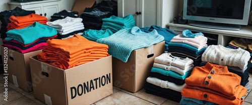 Piles of used clothes organized into cardboard boxes for donation to aid victims of natural disasters, poverty, social assistance, and charitable initiatives.
