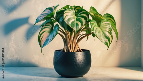 Philodendron xanadu displayed in a black pot against a wall photo