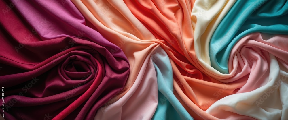 Folded t-shirts arranged in a pile. Closeup of a colorful garment. Background composed of various garments and an abstract fabric swatch. Folded t-shirts arranged in a pile. Closeup of a colorful garment. Background composed of various garments and an abstract fabric swatch.