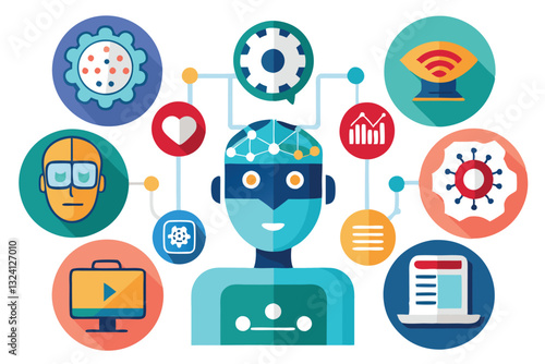 AI Artificial intelligence yellow line icon set, Artificial intelligence AI with binary, cybernetic, machine learning, robotic, AI solving