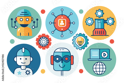 AI Artificial intelligence yellow line icon set, Artificial intelligence AI with binary, cybernetic, machine learning, robotic, AI solving
