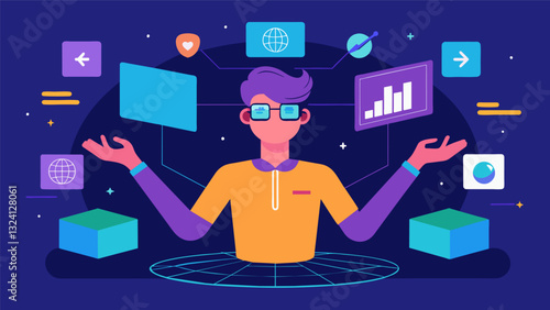In the virtual world you can physically manipulate the data with your hands rearranging and organizing it in a highly intuitive and immersive way.. Vector illustration
