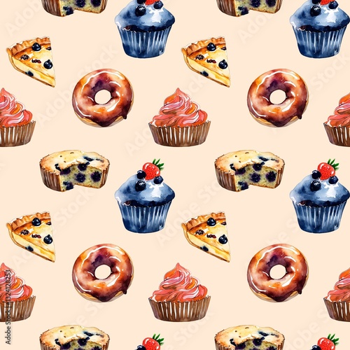 Watercolor illustration of various desserts on a pastel background with soft colors