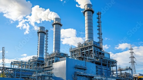 A gas-fired power plant with towering chimneys and cooling systems