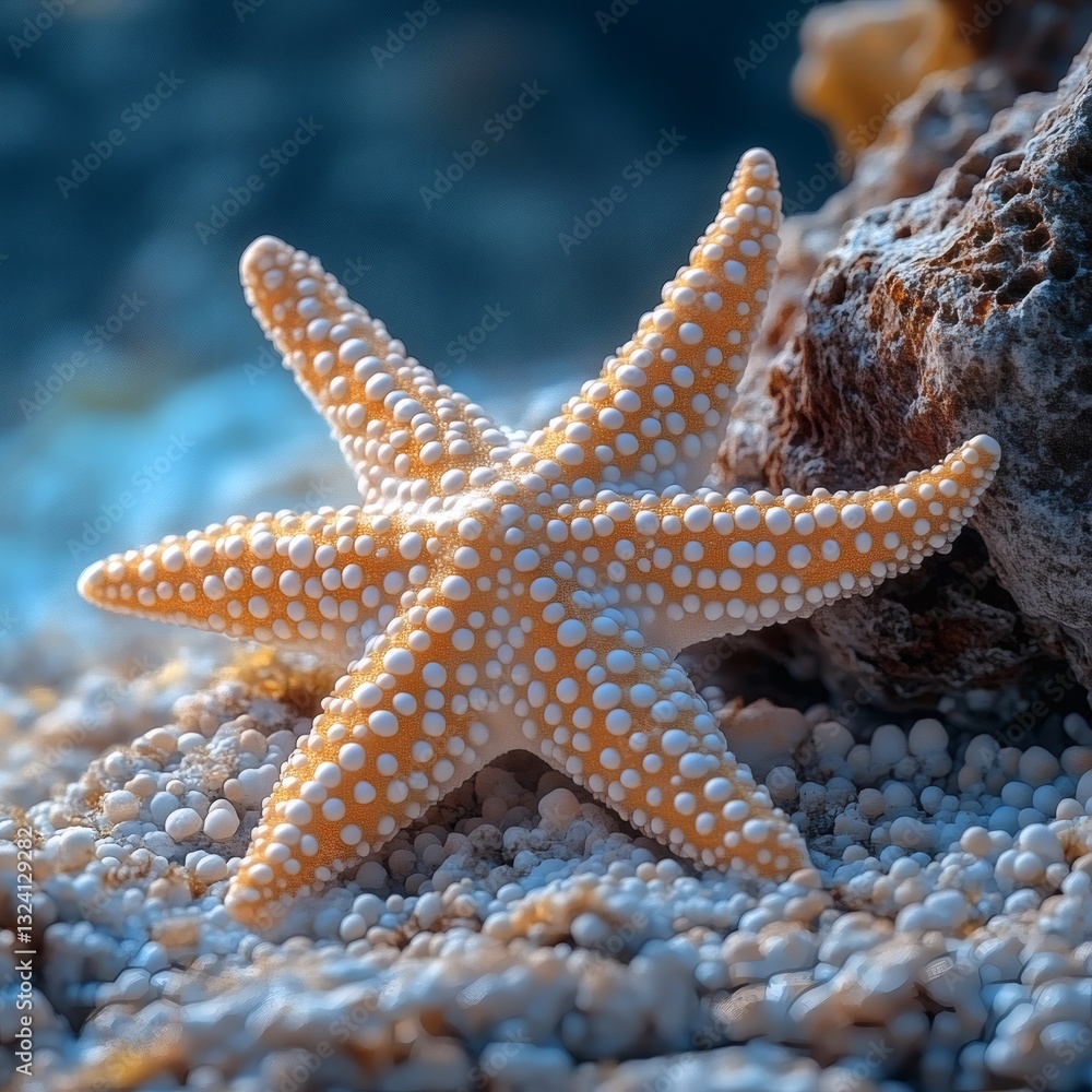 Red starfish on the beach with ocean and sand Red starfish on the beach with ocean and sand