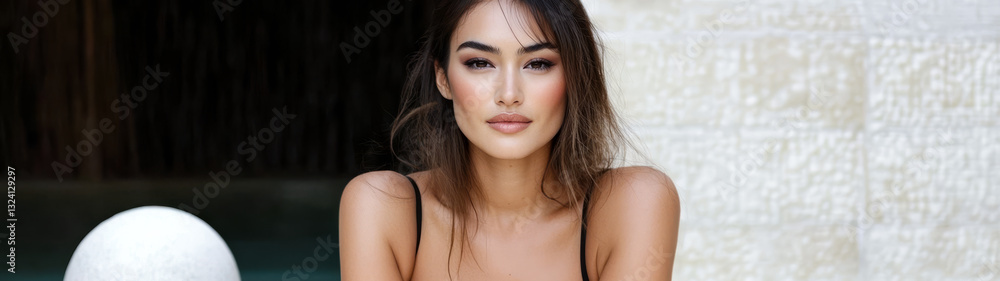 Model posing outdoors in a serene setting with a stylish casual outfit and natural makeup Model posing outdoors in a serene setting with a stylish casual outfit and natural makeup