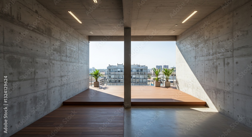 Obraz premium Modern concrete building balcony bright sunlight serene view. AI Generated