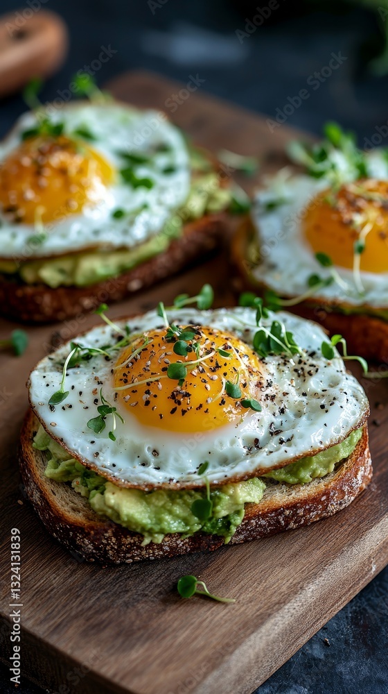 Avocado Toast with Fried Egg: A Nutritious and Delicious Breakfast Delight. Topped with fresh herbs and spices, served on rustic wooden board. A culinary masterpiece. Avocado Toast with Fried Egg: A Nutritious and Delicious Breakfast Delight. Topped with fresh herbs and spices, served on rustic wooden board. A culinary masterpiece.