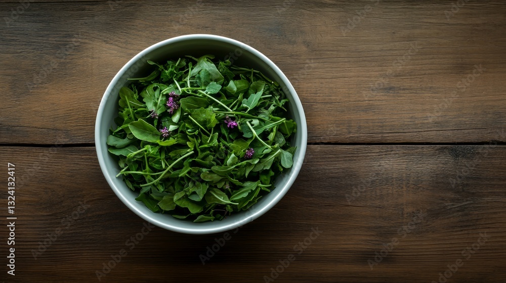 A close-up view of a bowl filled with fresh green salad, decorated with edible flowers and seeds, beautifully arranged on a rustic wooden table A close-up view of a bowl filled with fresh green salad, decorated with edible flowers and seeds, beautifully arranged on a rustic wooden table