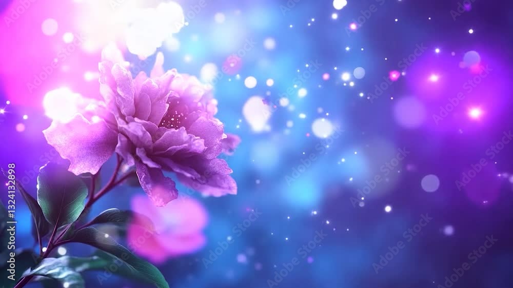 Vibrant purple flower blooming against a dreamy blue and pink bokeh background Vibrant purple flower blooming against a dreamy blue and pink bokeh background