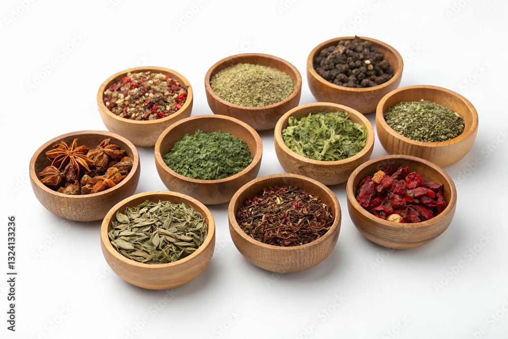 Assorted Herbs and Spices in Wooden Bowls for Culinary and Cooking Purposes, Displaying a Variety of Natural Aromatic Ingredients Assorted Herbs and Spices in Wooden Bowls for Culinary and Cooking Purposes, Displaying a Variety of Natural Aromatic Ingredients