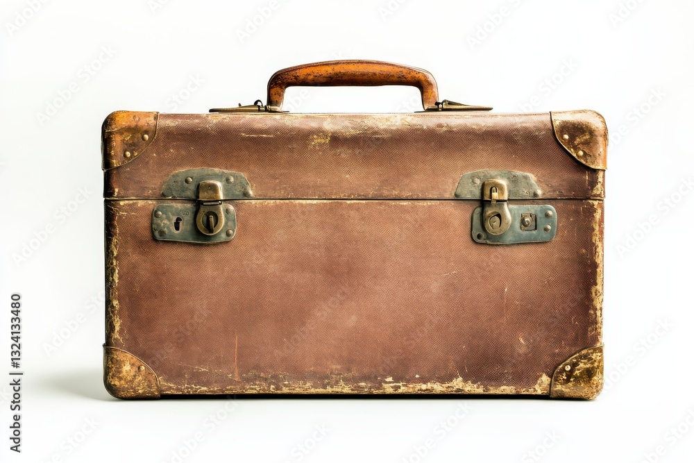 A vintage leather suitcase with worn edges and a wooden handle resting on a neutral background isolated on transparent background