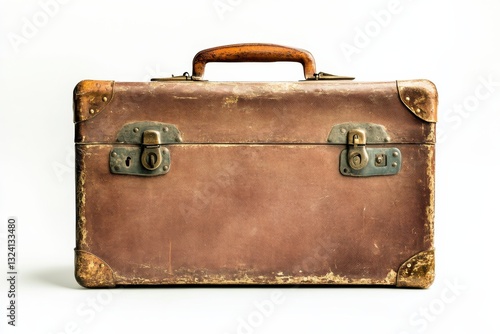 Obraz na płótnie A vintage leather suitcase with worn edges and a wooden handle resting on a neutral background isolated on transparent background w salonie