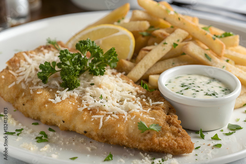 Crispy Fried Fish Fillet with French Fries, Fresh Lemon Wedge, and Creamy Sauce on a White Plate, Garnished with Parsley and Cheese