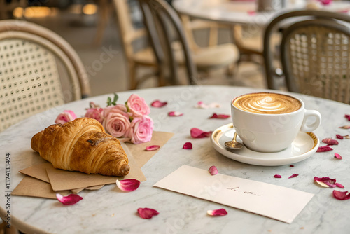 Cozy Café Scene with Delicious Croissant, Aromatic Coffee, Fresh Roses, and Delicate Petals on Marble Table Setting Ideal for Romantic Moments