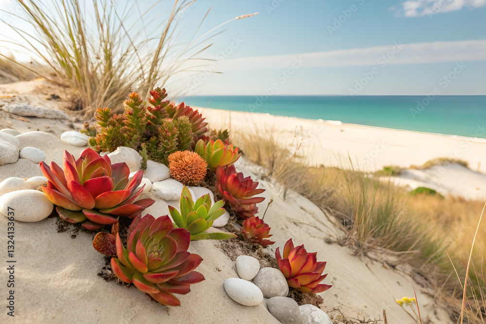 Vibrant Succulents Growing on Sandy Dune with Stunning Beach View and Clear Blue Ocean Under Beautiful Sky