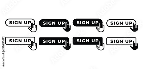 Sign Up Buttons with Cursor Icon Vector Design Black White Color Illustration Sets