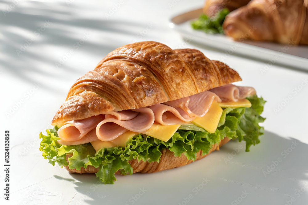 Fresh and Delicious Croissant Sandwich with Ham, Cheese, Lettuce on Bright Background Perfect for Cafes or Food Photography Projects
