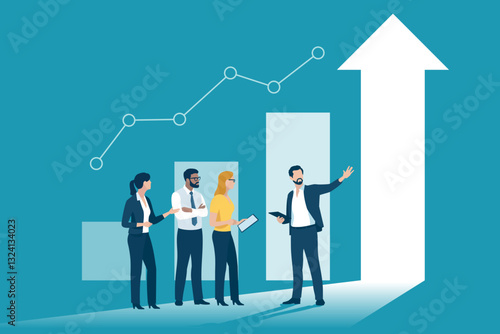 Presentation, vision, strategy. The male leader explains profitable investment opportunity, business plan. Vector illustration