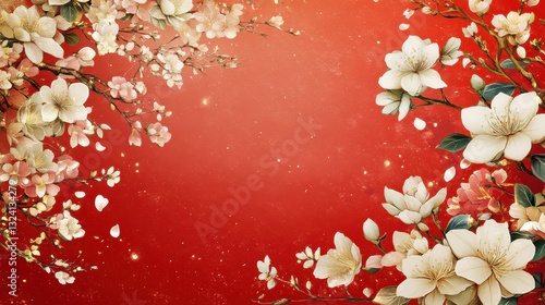 Red Floral Background  Spring Blossoms  Wedding  Chinese New Year